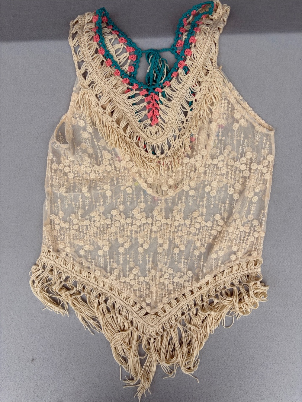 Boho Crochet Fringe Swim Coverup in Cream with Teal & Coral Accents
